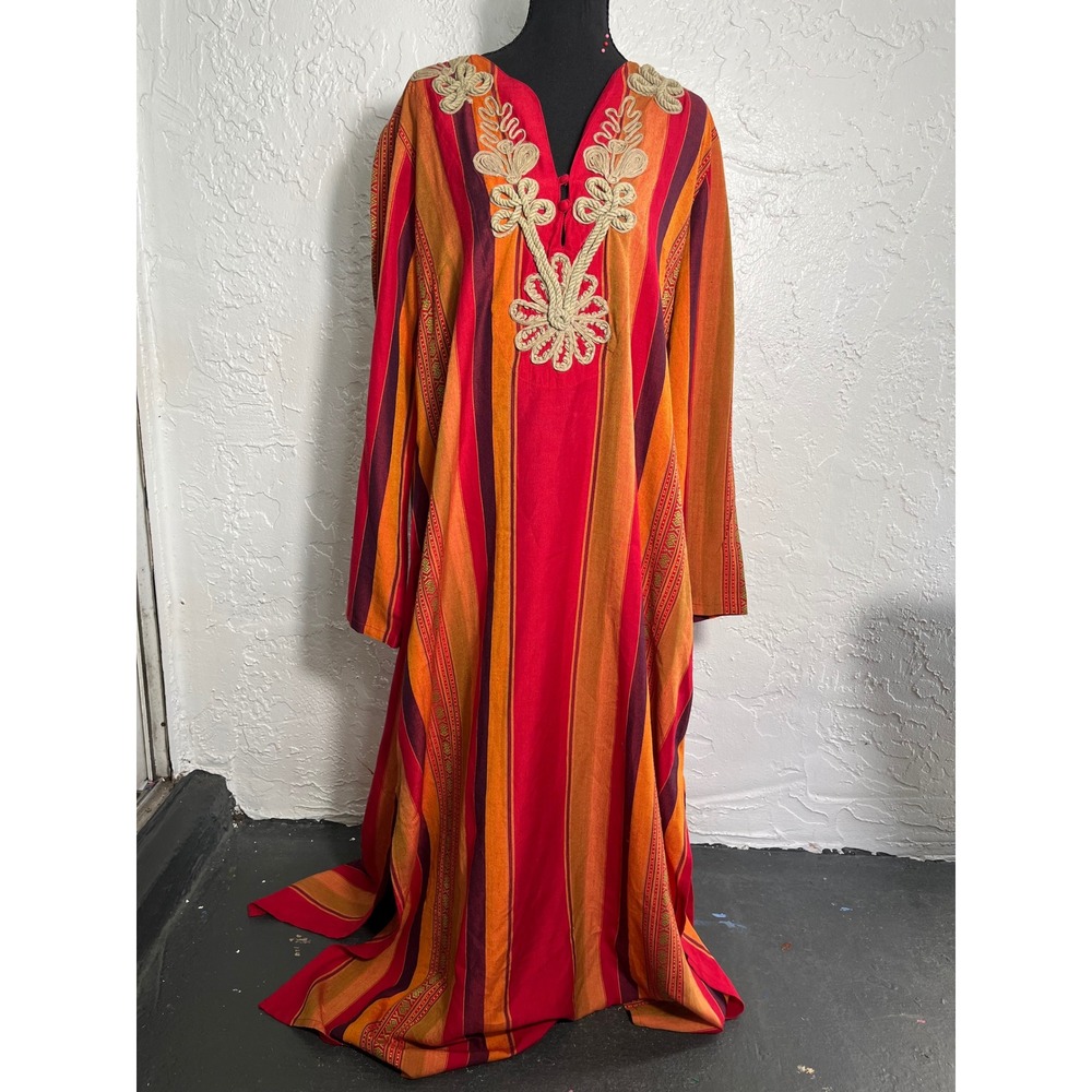 Soft Surroundings Large Boho Striped Maxi Caftan Dress Rope Embroidery